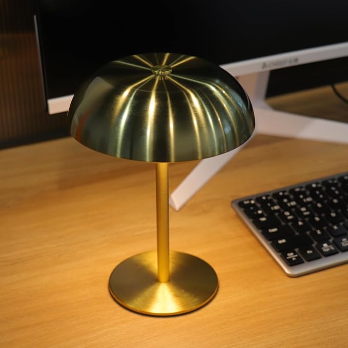 Portable LED Mushroom Table Lamp, Cordless Desk Night Light with 5200mAh Rechargeable Battery, Stepless Dimming Small Lamp with 3 Colors and Brightness Control for Bedroom/Patio/Bar/Coffee shop (Gold)