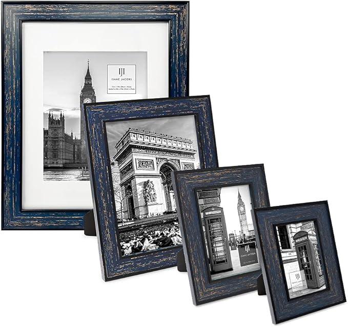 Isaac Jacobs 11x14 (Matted 8x10) Navy w/Gold (Vertical & Horizontal) Double Border Picture Frame, Wall-Mountable, Made for Photo Gallery and Wall Art, Home or Office (11x14, Navy W/Gold)