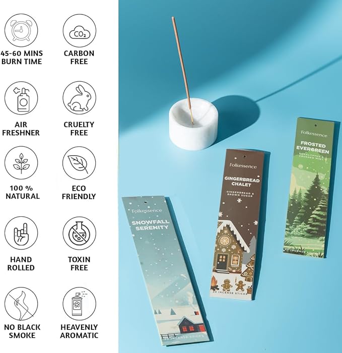 Folkulture Incense Sticks with Holder | Set of 6 (120) Winter Insense | 45 Min Burn Time | Cedarwood, Amber | Organic, Non-Toxic Xmas Scents | Winter | Inscents-Sticks for Women