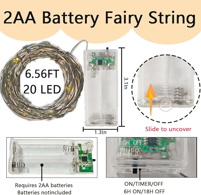 6 Pack Fairy String Lights with Timer, 2AA Battery Operated, IP65 Waterproof, 20 Warm White LED Copper Wire for Indoor Outdoor Decor