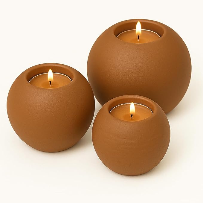 Concrete Sphere Tea Light Holder - Minimalist Centerpiece - Candle Holder - Modern Interior Design (Brown, Small Sphere)