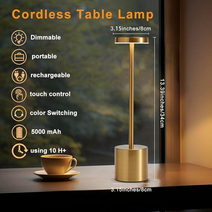 2 Pack LED Cordless Table Lamp, Portable 5000mAh Rechargeable Bedside Lamp, Touch Control Outdoor Table Lamps, 3 Color Dimmable Battery Operated Lamps for Bedroom//Restaurant/ Patio/ Outdoor - Gold