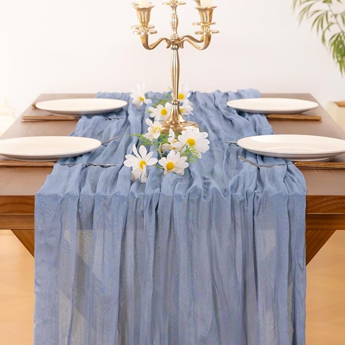 Socomi 3pcs Dusty Blue Valentine's Day Cheesecloth Table Runner Boho Rustic Gauze 120 inch 10FT Cheese Cloth Runner for Wedding Party Baby Shower Birthday Home Decor Holiday Decorations