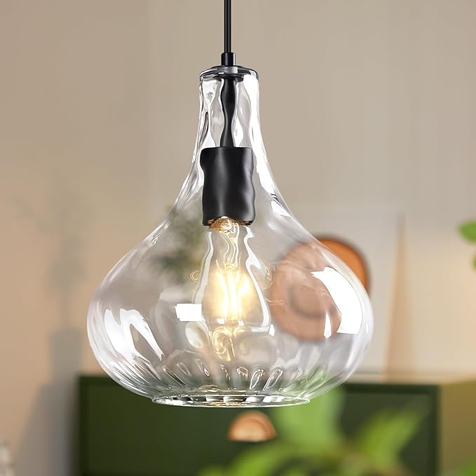 Modern Glass Pendant Light 9.44 in Clear Hammered Glass Shade Black Farmhouse Island Pendant Lights for Kitchen Pendant Lighting Over Sink Bedroom Dining Room