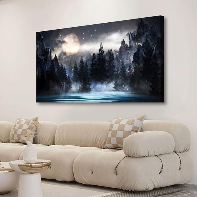 Mountain Moon Pictures Canvas Wall Art for Living room Office Bedroom Wall Decor,Moon Wall Art Print Paintings Modern Forest Nature Blue Lake Artwork Waterproof Ready to Hang-24X48 inch