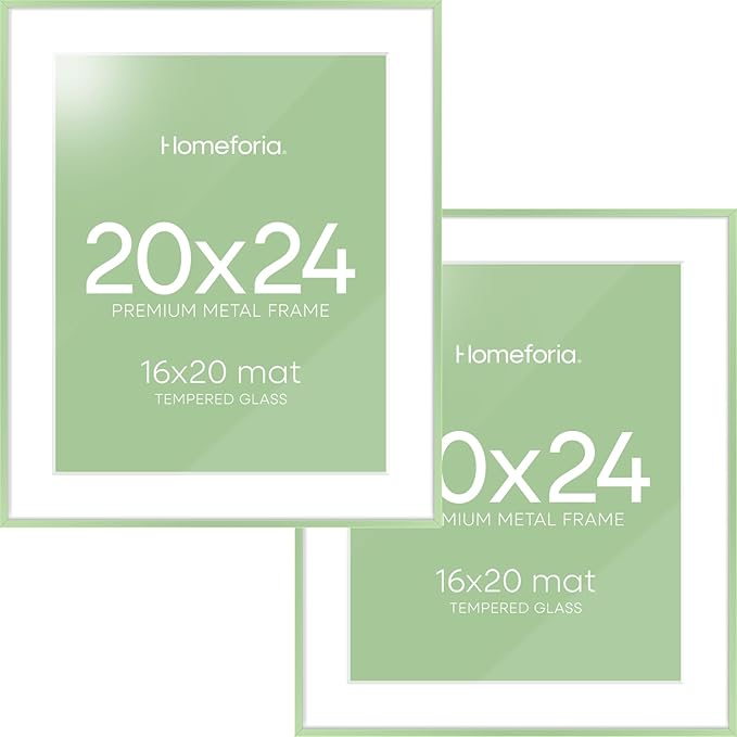 Homeforia 20x24 Frame Sage Green, High End Metal 20x24 Poster Frames with Mat 16x20 inch Photo, 20 x 24 Sage Green Picture Frame Matted to 16 by 20 Art, 24x20 Frame, Tempered Glass, Wall Kit, Set of 2
