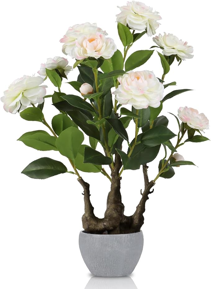 TOARTi Artificial Camellia Potted Plant with Stone Pot, 20.5" Tall Fake Potted Flowers Faux Plants Desk Plant, Realistic Decorative Plants Indoor Decor for for Home Bedroom Bathroom Office Desk