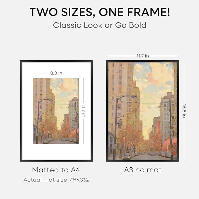 Homeforia A3 Picture Frame Black, High End Metal 11.7 x 16.5 inch Poster Frames with Mat 8.3 x 11.7 for Photo, A3 Size Frames Matted to A4 Print, 11.7x16.5 Wall Hanging Frame, Tempered Glass, Set of 3