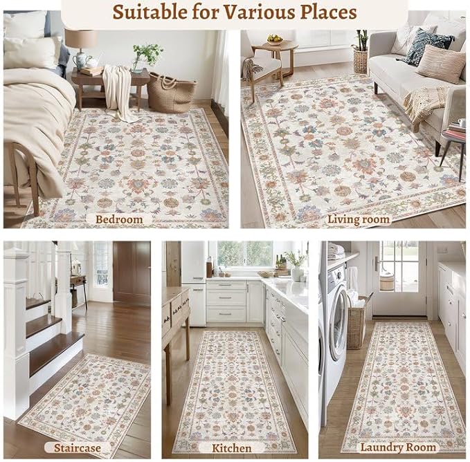 Tangsoo Runner Rug Hallway 2x6 Washable Carpet Runner Boho Vintage Floral Distressed Print Non Slip Soft Low-Pile Indoor Rug for Kitchen, Entryway, Bedroom, Laundry, Hallway Runner