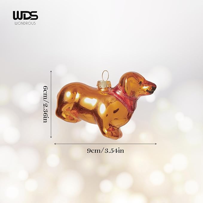 WDS WONDROUS Puppy Ornaments for Christmas Tree, Glass Dog Ornament Cute, Unique Gold Christmas Decor, Xmas Ornaments for Tree Winter Holiday Decor(3.54”)