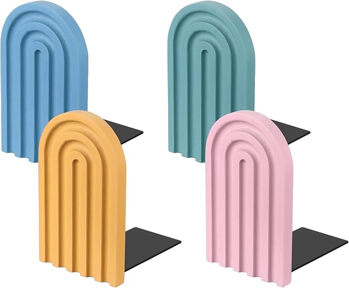 PATIKIL 4Pcs Boho Arch Bookends, Non-Skid Wood Book Ends Rainbow Wooden for Shelves Book Stopper Stand Cute for Holding Books Movie CD Home Office Library Decorative, Yellow/Pink/Blue Tone