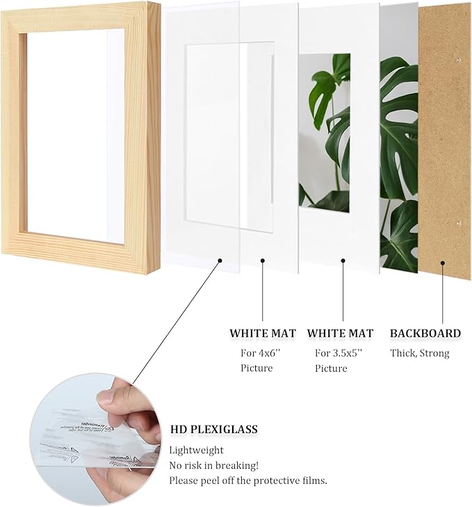 Egofine 4x6 Picture Frames Natural Wood Frames with Plexiglass, Display Pictures 3.5x5 with Mat or 4x6 Without Mat Set of 4 for Tabletop and Wall Mounting