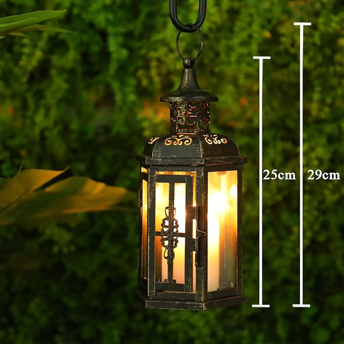 JHY DESIGN Decorative Lanterns-10inch High Vintage Style Hanging Lantern, Metal Candleholder for Indoor Outdoor, Events, Parities and Weddings(Black with Gold Brush)
