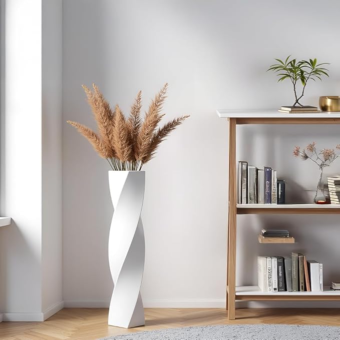Tall Floor Vase - 23.6 Inch Modern Square Twist Vases for Home Decor, Large Decorative White Vase for Dried Flowers, Pampas Grass, Centerpiece - Matte Finish