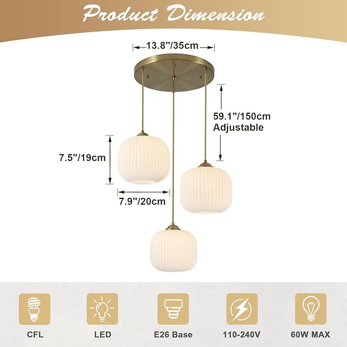 KCO Lighting Large 3 Light Cluster Chandelier Gold Globe Pendant Lights Kitchen Island White Ribbed Glass Ceiling Pendant Light Antique Brass Chandeliers for Dining Room