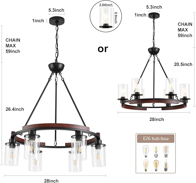 28-Inch Wagon Wheel Chandelier Farmhouse Black Rustic Pendant Light Fixture,6-Light Wood Round Chandelier Hanging Pendant Ligh for Dining Room Kitchen Island Living Room,with Clear Glass Shade