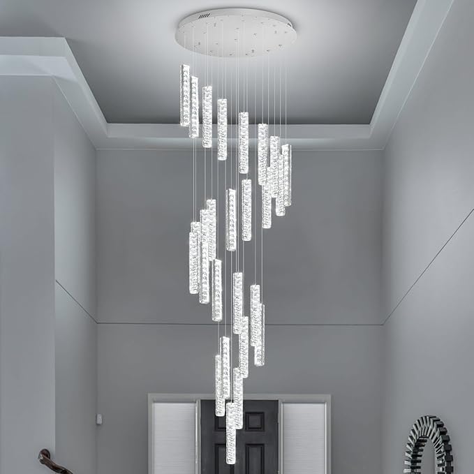 Large Staircase Chandelier 130inch Long Spiral Crystal Chandelier for High Ceiling Foyer Entrance 25-Lights Silver LED Dimmable 3000-6000K