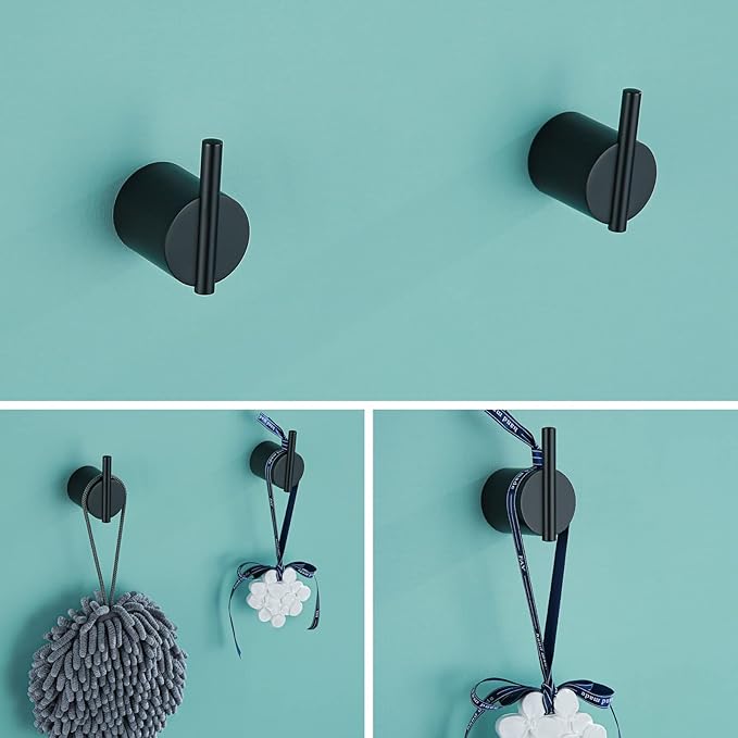 RANDOM Matte Black Towel Hooks 2 Pack 304 Stainless Steel Towel Rack Robe Hook for Bathroom Kitchen Hardware Accessories Wall Mounted Contemporary Style 96068-8MB.