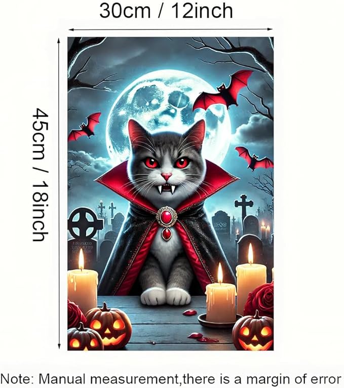 Halloween Garden Flag 12×18 Inch – Vampire Cat with Cape, Full Moon, Pumpkins and Bats, Spooky Outdoor Flag for Yard Porch Garden Halloween Decorations