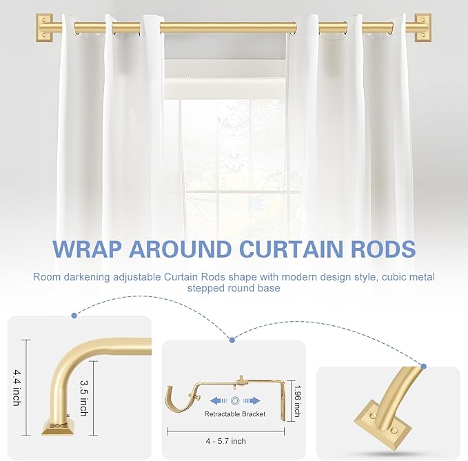 Gold Wrap Around Curtain Rods for Windows 28 to 48:Blackout Heavy Duty Adjustable Curtain Rod Room Darkening 1 Inch Modern Industrial Curved French Return Drapery Rods Easy Install Brass Gold
