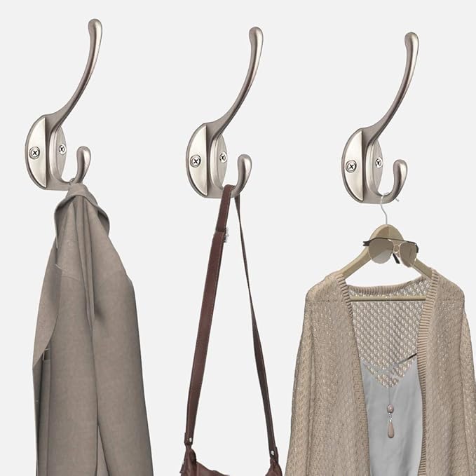 IBosins 10 Pack Dual Coat Hooks Wall Mounted with 40 Screws Retro Double Hooks Utility Silvery Hooks for Coat, Scarf, Bag, Towel, Key, Cap, Cup, Hat (Silvery)