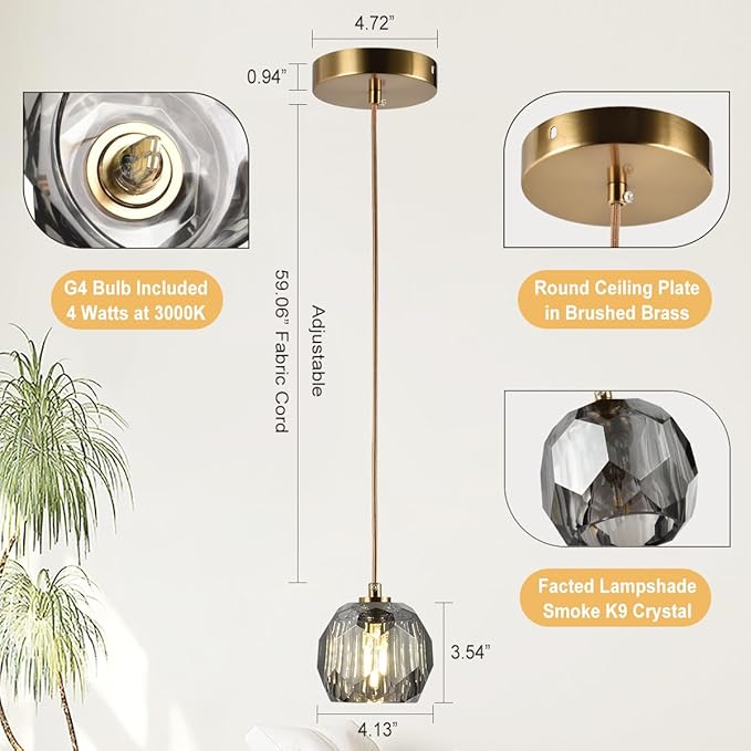 Modern Pendant Lighting, Smoke Crystal Small Pendant Light Fixture for Kitchen Island, Brushed Brass Ceiling Light Single Pendant Light for Dining Room Bathroom