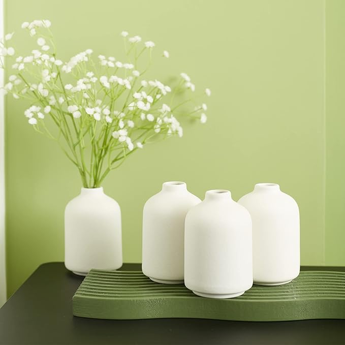 Small White Ceramic Vases Set 6 for Decor, Boho Bud Vases for Dry Flower, 4.1''H x 3''W White Ceramic Vases for Centerpieces, House Plants, Wedding, Home, Modern, Minimalist