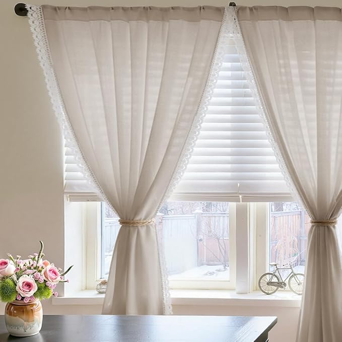 jinchan Linen Curtains for Living Room Bedroom Light Filtering Semi Sheer Curtains Boho Farmhouse French Country Cottage Core Decor Window Drapes Back Tab 84 Inch Length Laced Taupe
