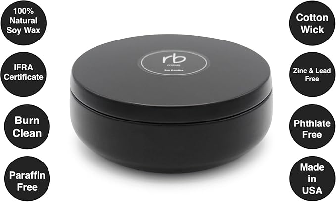 Rosbas Candle, Egyptian Amber Scented, Natural Soy Wax, Black Metallic Tin, 14.5 oz, 4 Cotton Wicks, Long Burn Time, Drawstring Cotton Bag, Non-Toxic, Handmade in The USA
