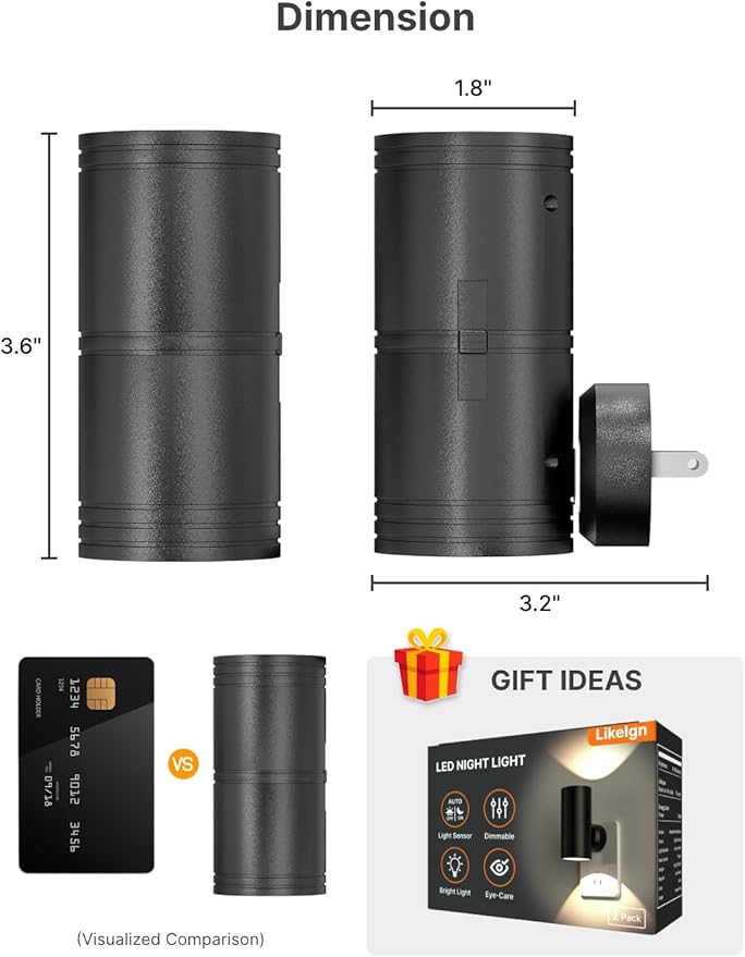 Night Light Plug into Wall, 4 Pack Dimmable LED Nightlight with Dusk to Dawn Sensor, Soft White Glow, for Hallway, Bathroom, Bedroom, Black
