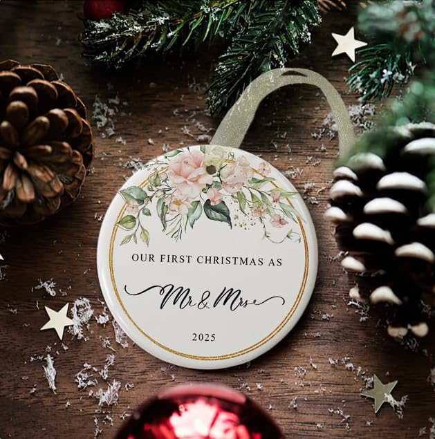 First Christmas as Mr and Mrs Ornament 2025,1st Year Wedding Ornament for Newlywed,Our First Married Christmas Ornament,Ceramic Hanging Decoration for Couples Just Married with Gift Box&Ribbon 2.9"