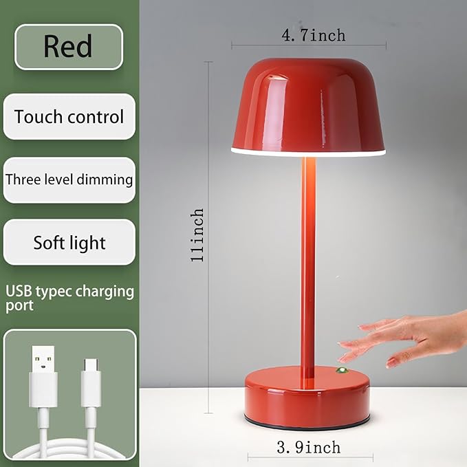 Rechargeable Cordless Mushroom Small Table Lamp, with USB Port Touch 3 Color Dimming, Temperatures 2700K 3500K 5000K, for Bedroom, Living Room, Dining Table Lamps (red)