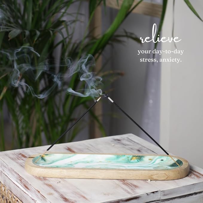 The Art Box Hand-Painted Incense Burner Holder Aquamarine - 12x4x1 inch Wooden Long Incense Stick Tray Holder for Modern Gift, Ash Catcher Incense Stick Holder - Meditation & Yoga