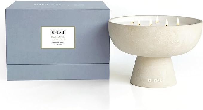 Blueme Balance Candle | White Lotus & Tea | 6 Wick - Refillable Wellness Candle with Essential Oils, Hand Finished & Poured Soy Wax Blend Ceramic Vessel, Natural Cotton Wicks | Giant 45 oz