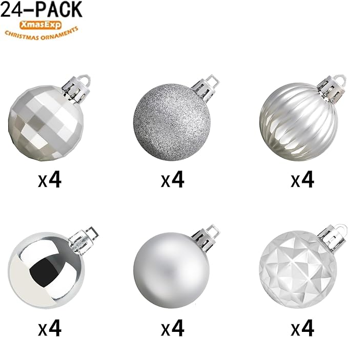 XmasExp 24ct Christmas Ball Ornaments Shatterproof Christmas Ornaments Set Decorations for Xmas Tree Balls 40mm/1.57” (1.57'', Silver)