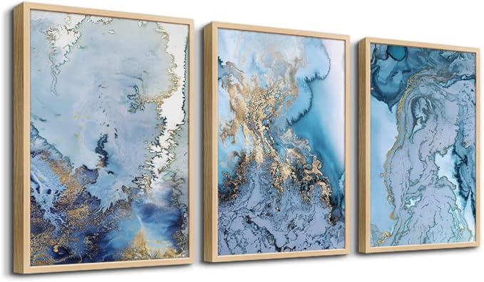 Natural Wood Framed Wall Art For Living Room Large Wall Decoration For Bedroom Office Wall Decor Minimalist blue Abstract Wall Painting Watercolor Wall Pictures Home Decor 3 Piece Framed Art Prints
