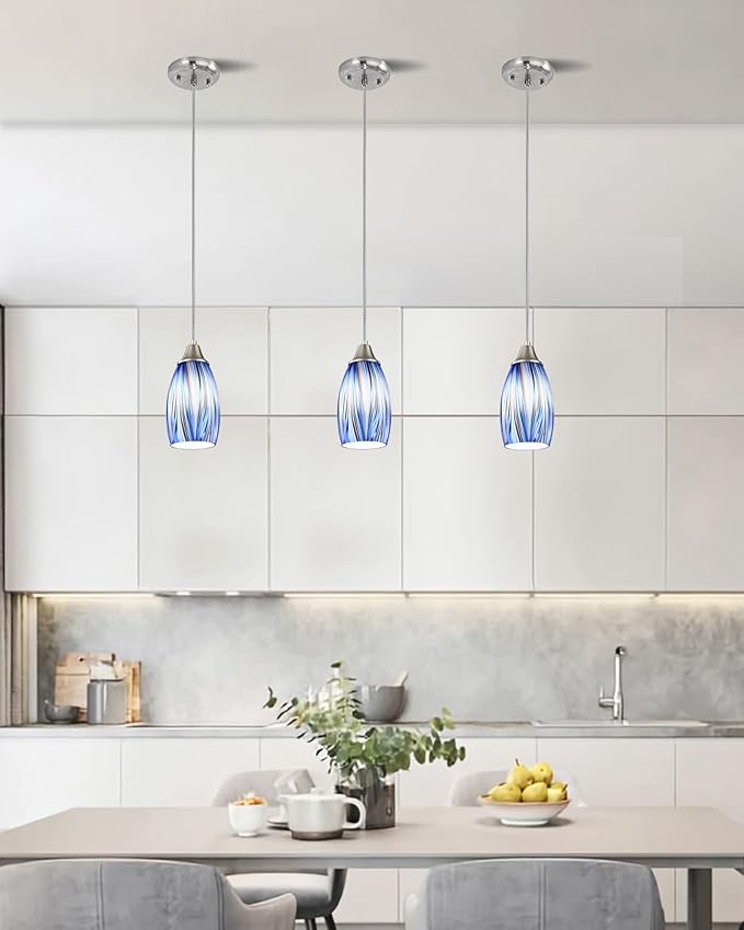 Dark Blue Glass Mini Pendant Lights for Kitchen Island 3Pack Blown Art Glass Pendant Lighting Shade Hanging Pendant Lights with Brushed Nickel Finish for Kitchen Over Sink,Dining Room