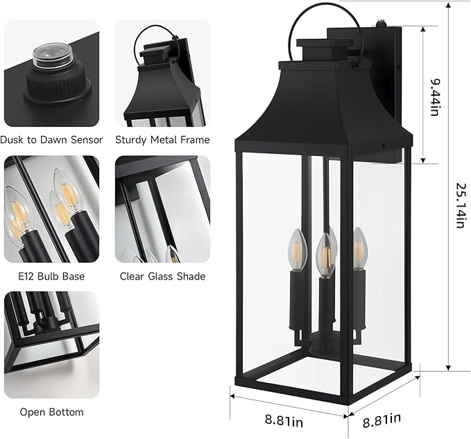 tewei 25'' Dusk to Dawn Outdoor Wall Light, Large Black Outdoor Porch Light Waterproof Patio Lanterns, Exterior Wall Mount Lighting Fixtures, 4-Light Outside Garage Sconces for House Front, 1-Pack
