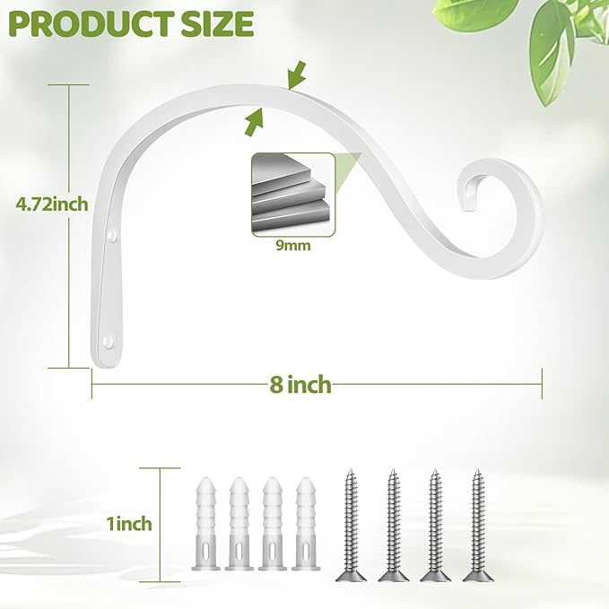 BOLITE Plant Hangers Outdoor Indoor, 8 Inch Wall Plant Hooks, Metal Bird Feeder Hanger for Hummingbird Feeders, Planters, Lanterns, Wind Chimes, Home Decor, 2 Pack, White, Gifts for Women Men