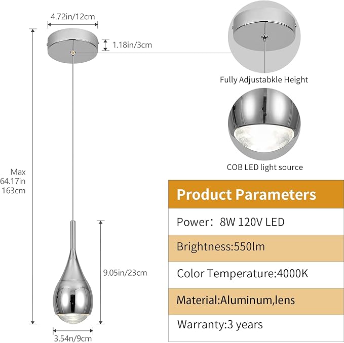 Pendant Lights Kitchen Island, Modern Chrome Pendant Light fixtures, LED Dimmable Hanging Pendant Lighting for Over Sink,Bar,Dining Room,Bedside,Lens COB 4000K(1-Pack)