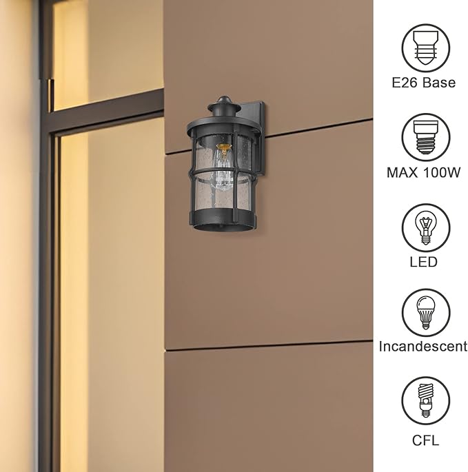 Outdoor Wall Sconces, Outdoor Wall Lights, Exterior Wall Mount Lighting, Exterior Fixture in Black Finish with Seeded Glass for Porch, Garage, Patio, Hallway, Entryway, Black 1 Pack