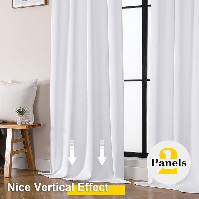 White Curtains 84 Inch Length 2 Panels Set, Soft Solid Light Filtering Thermal Insulated Curtains 84 Inches Long for Bedroom Living Room, Rod Pocket Privacy Drape, White, Each 40" Wx84 L