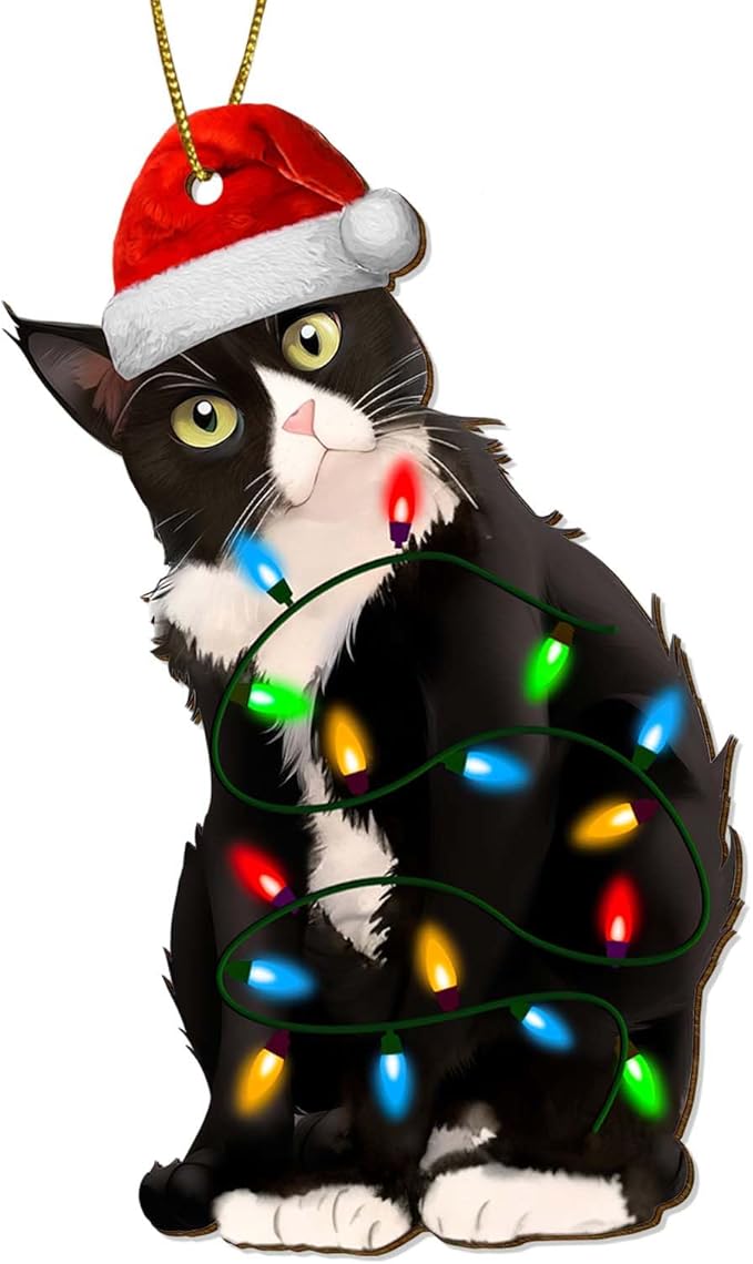 Tuxedo Cat Christmas Ornament, Funny Black and White Cat Holiday Tree Decoration for Pet Lovers, Wooden Keepsake Gift for Animal Owners