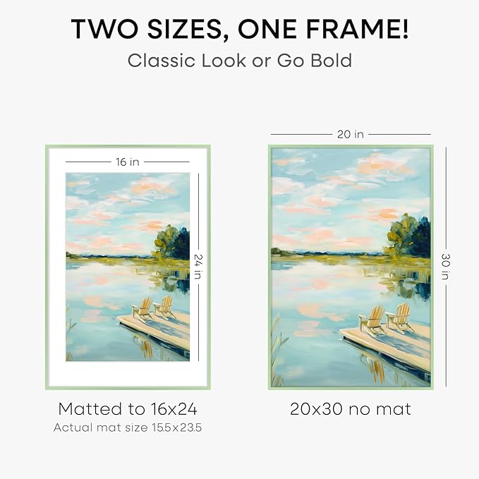 Homeforia 20x30 Frame Sage Green, High End Metal 20x30 Picture Frames with Mat 16x24 inch Photo, 20 x 30 Sage Green Poster Frame Matted to 16 by 24 Art, 30x20 Frame, Tempered Glass, Wall Kit, Set of 2