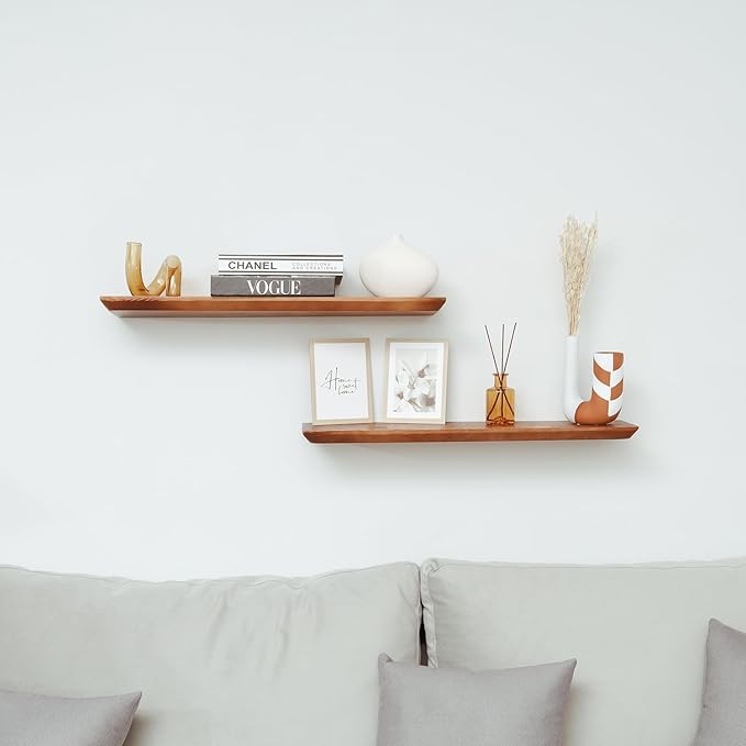 Solid Pine Wood Floating Shelves - Bathroom & Bedroom/Living Room - Set of 2 (Walnut Color) - 30x6.7x1.2 inch