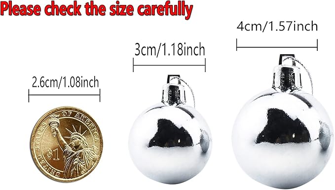 Bestjybt 24pcs 1.18" Small Christmas Ball Ornaments Shatterproof Christmas Decorations Tree Balls for Holiday Wedding Party Decoration, Tree Ornaments Hooks Included (Silver, 3cm/1.18")