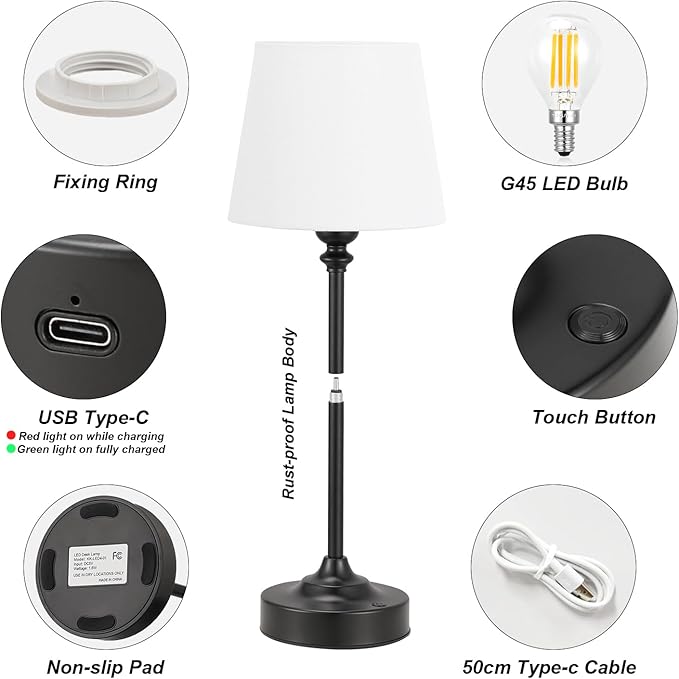 Kakanuo Cordless Table Lamp Rechargeable Black - 1 Pack 4000mAH Battery Operated Lamp for Decor, 3000K Stepless Dimming Touch Control Wireless Lamp for Bedroom, Dining Table, Kitchen, Living Room