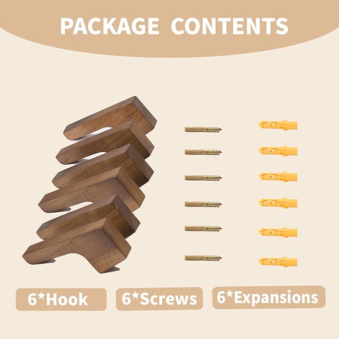 6 Pack Walnut Wood Wall Hooks – Handcrafted Solid Wood Hooks for Coats, Hats, Bags, Towels – Minimalist Design, Hidden Mount, Eco Wax Finish, Moisture-Resistant,Bathroom, Bedroom, Kitchen