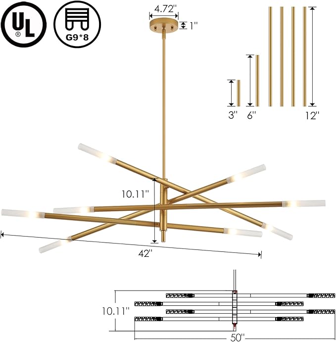 Modern Sputnik Chandelier for Entryway, Industrial Gold Pendant Lighting, 8-Light Vintage Hanging Light Fixture for Dining Room Bedroom Kitchen Foyer