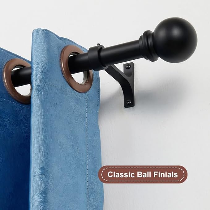 Matte Black Curtain Rods 28-48" - 2 Pack Heavy Duty 1 Inch Diameter Single Rods with Ball Finials, Adjustable for Windows
